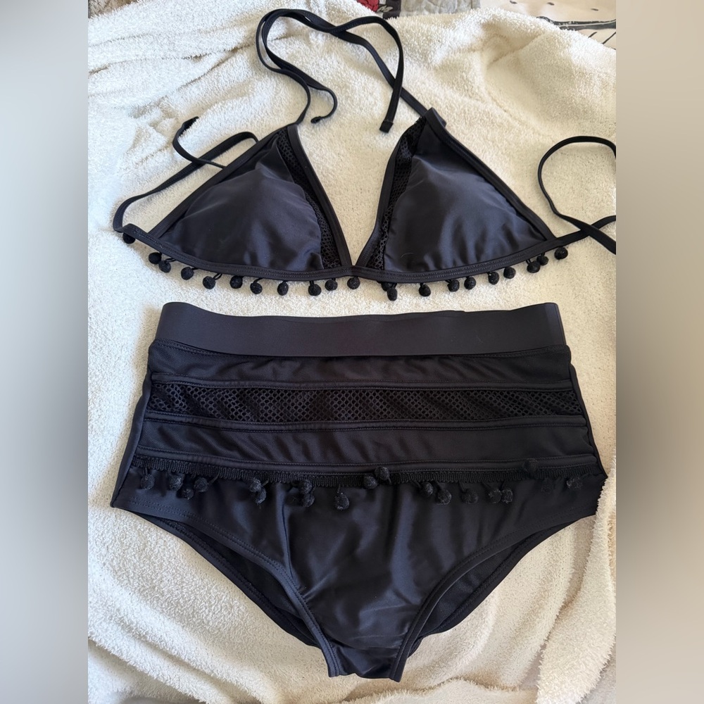 Trendy Black Pom-Pom Accents and mesh detail Bikini Set